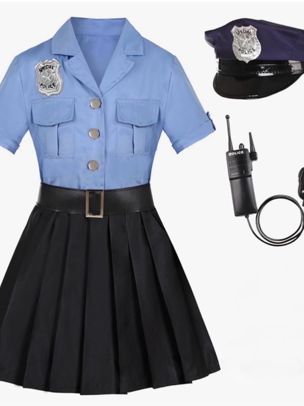 Kids Police Officer Costume Dress with Hat & Radio - Blue and Black